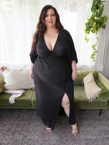 Truni Vestido de otoño elegante para mujer, vestido largo con abertura alta, de unicolor, elegante y sexy, para silueta de pera y triángulo invertido, tallas grandes