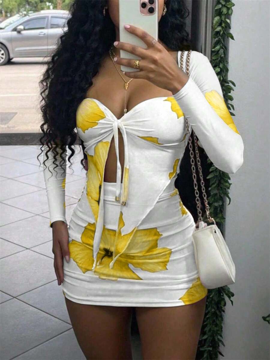 INAWLY Bộ 2 món áo dài tay và chân váy mini đi nghỉ hè cho nữ - Màu vàng - Xem 1