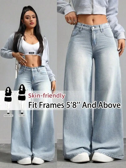 SHEIN Tall CURVE 大码女式浅蓝色宽松牛仔裤，适合夏季度假、俱乐部、办公室、乡村音乐会、锐舞派对、邮轮旅行等场合，高腰牛仔裤，打造颓废摇滚风，情人节适用。