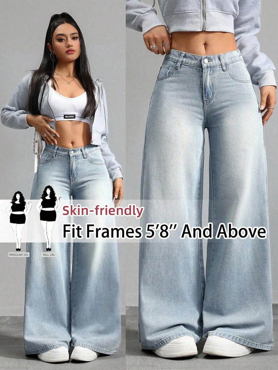 SHEIN Tall CURVE Quần jean nữ cỡ lớn màu xanh nhạt dáng rộng, thích hợp cho kỳ nghỉ hè, câu lạc bộ, văn phòng, nhạc đồng quê, hòa nhạc, tiệc tùng, du lịch trên tàu biển, phong cách grunge, quần jean cạp cao, ngày Valentine.
