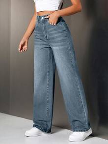 SHEIN Tall 女款直筒口袋牛仔褲，適合高個女性 - 藍色 - 查看 6