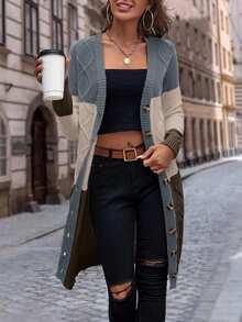 EMERY ROSE Women's Autumn Colorblock Geometric Textured Long Sleeve Single-Breasted Long Cardigan With Pockets - Multicolor - View 4