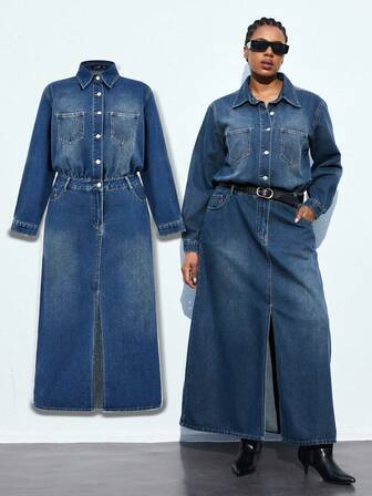 Maija 大码女式休闲长袖纽扣牛仔连衣裙