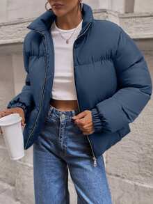 EURMUSE Short Padded Jacket In A Plain Design, Contrast Metal Colour Zipper - Dusty Blue - View 6