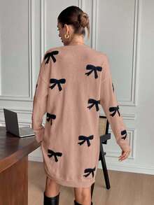 EURMUSE Damen Lässig Schleife Dekor Rundhals Langarm Pulloverkleid - Kamelfarben - Übersicht 2