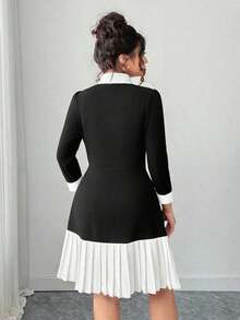 SHEIN Elenzya Elegant Plus Size Black And White Long Sleeve Shirt Collar Dress With Floral Decor,Pleated Hem,Autumn Casual Business For Women,Office Formal - Black and White - View 2