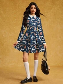 HARRY POTTER X SHEIN 女式全身印花撞色领口褶皱喇叭下摆短款连衣裙 - 藏蓝色 - 查看 6