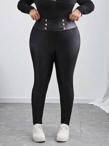 SHEIN CURVE+ Leggings de cuero negro de talla grande de cintura alta, para otoño/invierno - Negro - Ver 5