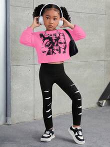 SHEIN Young Girl 2pcs/Set Knitted Character Print Loose Crop Sweatshirt And Leggings Outfits,Light Pink,Autumn,School,Back-To-School,Sport Style,Fleece - Pink - View 2