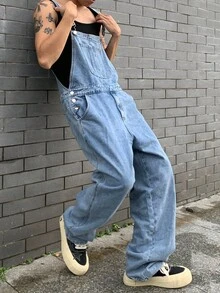 Manfinity Roghcode 男士休闲时尚街头学院风斜口袋宽松牛仔阔腿背带裤