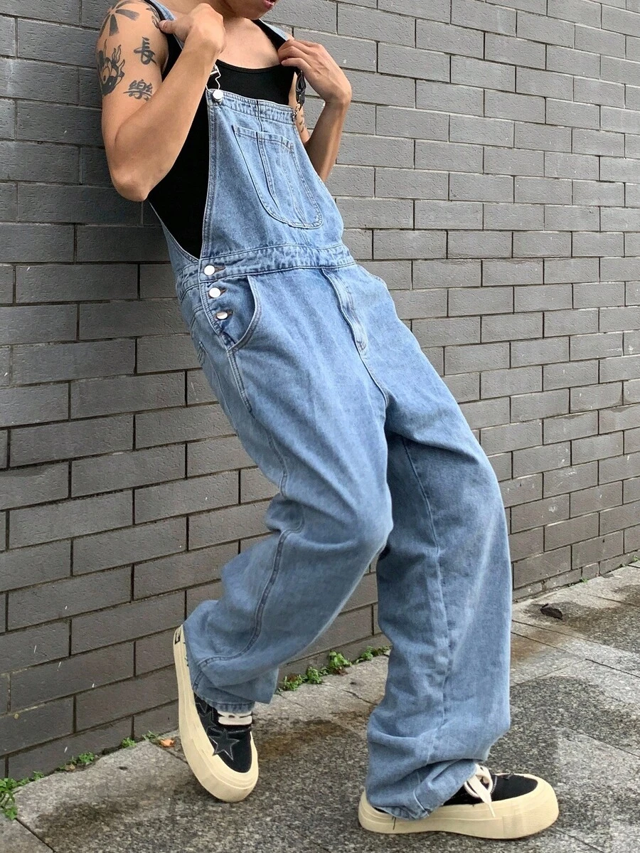 Manfinity Roghcode 男士休闲时尚街头学院风斜口袋宽松牛仔阔腿背带裤