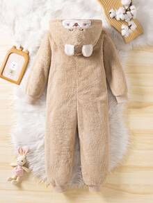 女童可爱兔子羊毛连帽连体裤家居服 - 杏色 - 查看 2