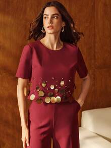 Anewsta Women's Party Sequin Beaded Regular-Shoulder Short Sleeve Crop Top - Burgundy - View 3