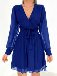 Women's Sheer Mesh Long Sleeve Wrap Design Dress - Navy Blue - View 4