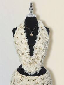 SHEIN ICON Women's Beige Homecoming Fluffy Birthday Glitter Party Sexy Sequin Backless Halter Top And Mini Skirt 2 Pieces Set, Summer - Apricot - View 4