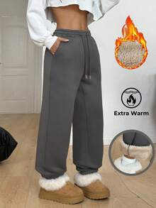 Coolane Women's Fall/Winter Warm Comfy Going Out Streetwear Elastic Waist Drawstring Casual Grey Pants With Pockets, Thermal Lined, Loose Fit