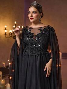 Glamrae Đầm maxi cỡ lớn sang trọng, lãng mạn màu đen đính hoa và hạt cườm, thích hợp cho đám cưới, tiệc tùng, các sự kiện kỷ niệm, dạ hội trang trọng, ngày Valentine. - màu đen - Xem 3