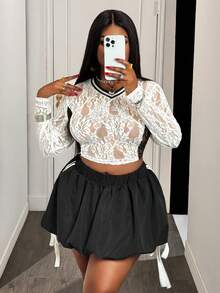 Slaydiva 2025 Spring/Summer New Arrival Street Sports & Sexy Street & Ballet Style Black & White Sheer Lace Colorblock + Rhinestone 23 Graphic Fitted V-Neck Long Sleeve Cropped Top And Black Colorblock White Ribbon Tie Bow Mini Skirt Women Plus Size 2 Pieces Set - Multicolor - View 4