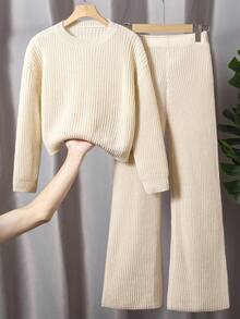 Sparklyn Conjunto de dos piezas de suéter para niñas preadolescentes - Suéter de punto grueso sólido en beige y pantalones de pierna ancha, suéter de cuello redondo de ajuste relajado con pantalones rectos de estar en casa, ropa cómoda y casual para primavera/otoño/invierno - Albaricoque - Ver 6