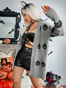 SHEIN Unity Women's Casual Pumpkin Pattern Drop Shoulder Long Sleeve Knit Cardigan, Autumn Halloween Cardigan Halloween Sweater Pumpkin Sweater - Grey - View 3