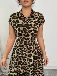 Rafferiza Women's Elegant Leopard Print Collared Short Sleeve Button Down Waist Dress Long Leopard Dress Women Leopard Dress Casual Leopard Print Dress Leopard Print Dress Animal Print Maxi Dress