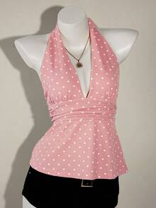 Top sin espalda de halter estilo boho marrón para salir, tipo babydoll, para primavera a verano - Lunares rosas - Ver 4