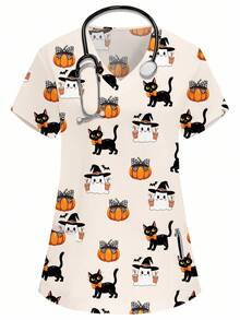 PopScrub Áo đồng phục y tá/bác sĩ cổ chữ V tay ngắn hai túi in hình bí ngô, ma, phù thủy, nhện, dơi, đèn lồng bí ngô, mèo con cho lễ Halloween - Bụi hồng - Xem 1