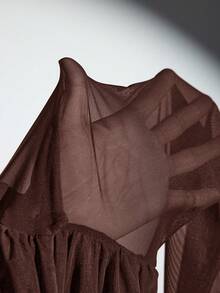 Daniela Ricciardelli Asymmetrical Neck Ruched Cut Out See-Through Mesh Sleeve Mini Dress Party Dress Concert Outfit One Sleeve Dress Chocolate Brown Dress Brown Short Dress Brown Dark Brown Dress Chocolate Brown - Brown - View 8