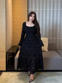Flirla Rochii formale noi pentru femei, rochie de seară, rochie din dantelă strălucitoare, cu decolteu pătrat și mânecă lungă, rochie maxi plisată cu croială slim fit, talie A-line, pentru petrecere, nuntă - Negru - Vizualizare 5