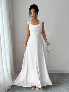 Rafferiza Sleeveless Waist Cinched Solid Color Split Dress - White - View 3