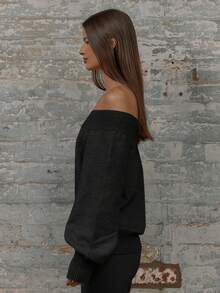 MUSERA Oversized Asymmetrical Shoulder Balloon Sleeve Baggy Slouchy Rib Knit Sweater Classy Cosy Cute Night Out Evening Party Elegant Spring Vacation - Black - View 2
