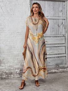 EMERY ROSE Plus Size Women Elegant Marble Texture Print Dress, Autumn,Flower/Spring/Summer/Vacation - Multicolor - View 4