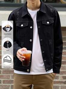 青少年男孩时尚休闲复古 Y2K 黑色牛仔宽松夹克，儿童服装，男孩服装，日常穿着，百搭时尚单品，适合全年穿着，度假和海滩穿着 - 黑色 - 查看 3