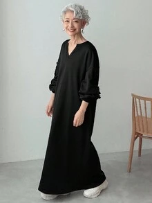 FRIFUL Women's Black V-Neck Long Sleeve Dropped Shoulder Lantern Sleeve Pleated Ruffle Hem Loose Casual Dress, Autumn