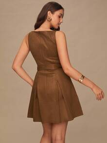 Enchnt Spring/Summer Romantic Women's Suede Burgundy Sleeveless Pleated Hem Cute Mini Dress With Belt,Sweet&Elegant For Party&Date&Holiday&Going Out - Brown - View 7