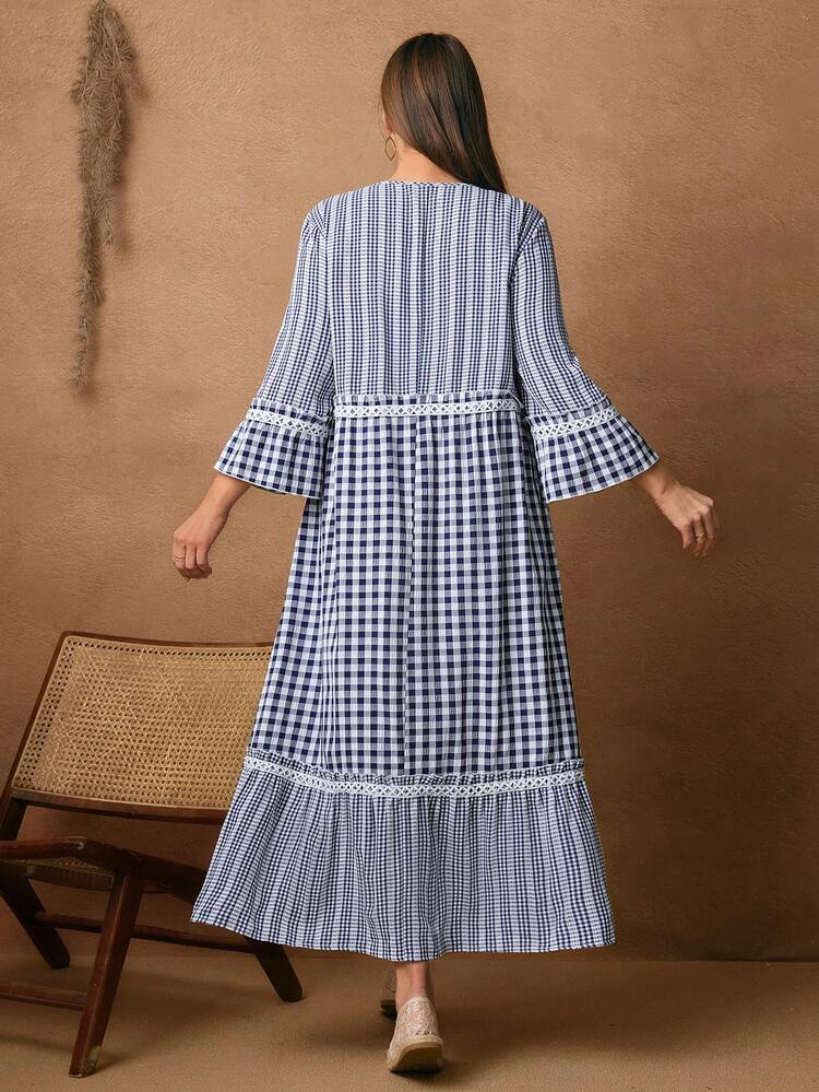 Abiti invernali taglie forti per donna, completi da vacanza, costumi da donna, abito casual lungo e ampio da donna con maniche a sbuffo, volant e righe, abiti a quadri blu e bianchi per donna, nuova collezione 2025