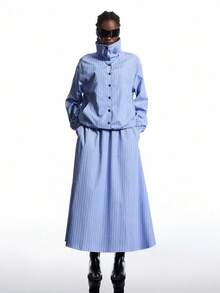 LYSMO Váy dài sọc thường ngày cho nữ, mùa hè - Màu xanh lam - Xem 5