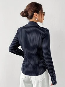 SHEIN EZwear Camisa de mujer de manga larga con rayas tejidas en azul marino, blusas de oficina para mujeres, camisa de rayas, camisas casuales de negocios para mujeres, camisas de oficina para mujeres