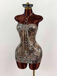 Amplova Vestido ajustado de mujer con tirantes finos y estampado de leopardo