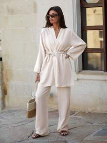 100%Cotton Sprecial Texture Cool Touche Linel Kimono Linen Pants Women Two Pieces Outfits - Beige - View 6