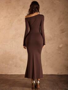 Rafferiza Women Summer Dark Brown Autumn Elegant Dining Long Maxi Dress, Off-Shoulder Hollow Shirred Cinched Waist Long Sleeve Party Graduation S - Coffee Brown - View 2