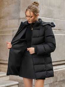 EURMUSE Zip Up Slant Pocket Padded Coat With Fuzzy Trim Fur Hood - Black - View 8