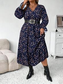 SHEIN Clasi 大码女式秋冬时尚休闲 V 领碎花长款束腰连衣裙，修身廓形长款女装 - 藏蓝色 - 查看 7