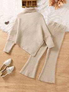 Sparklyn 2件套女童高领不对称毛衣和喇叭裤，秋冬