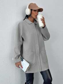 EURMUSE Cotton Knitted Overcoat Drop Shoulder Double Pocket Coat Easy To Style Perfect For Autumn And Winter - Grey - View 7