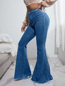 EURMUSE Calça jeans feminina cintura alta slim fit cor sólida casual versátil flared - Azul - Ver 3