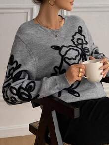 DAZY Suéter holgado de mujer con cuello redondo y contraste de color floral para otoño - Gris - Ver 4