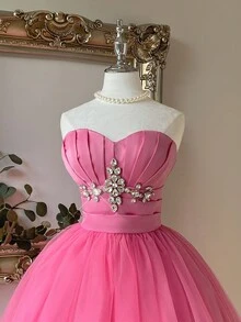 Lovelzi 优雅、浪漫、性感的粉色缎面面料礼服，网眼拼接，褶皱腰身，抹胸上衣，A 字裙，褶皱设计，适合毕业典礼、学校开学、音乐节、生日派对、婚礼和舞厅活动 - 粉色 - 查看 2