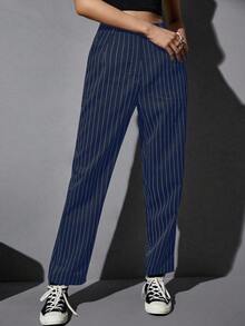 SHEIN Unity Casual Blue & White Striped Suit Pants, Suitable For Daily Commute - Royal Blue - View 3