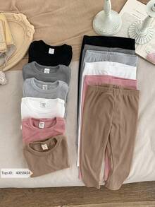 SHEIN LMoss Kids LMoss 6pcs/Set Baby Girl Cute Knitted Elastic Waist Solid Color Pants,Autumn/Winter Leggings Newborn Fall - Multicolor - View 10